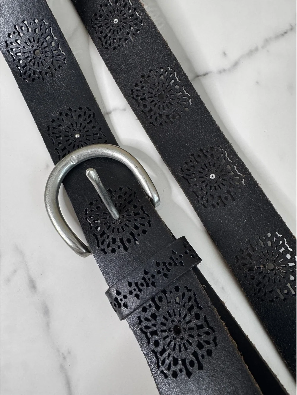Lucky Brand Leather Belt Large Black Laser Cut Floral Pattern 44